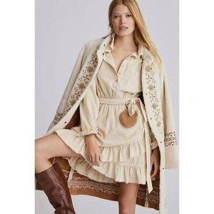 Pilcro Anthropologie NWOT L Cream Corduroy Tiered Tie Waist Mini Dress